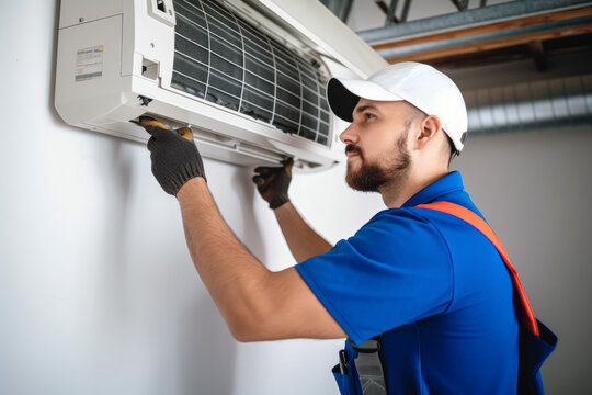 HVAC technician installing a mini split air conditioner in Longmont