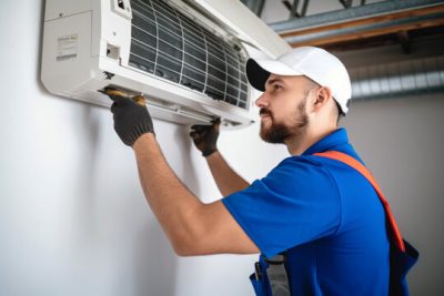 Air conditioning technician servicing a wall-mounted AC unit in Longmont, CO